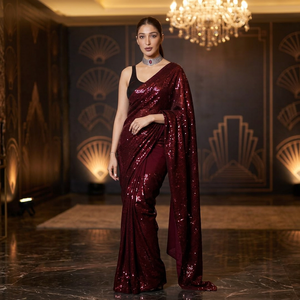 Sari Tradicional Étnico de Seda con Bordado de Lentejuelas y Blusa de Georgette, Estilo Clásico y Elegante, al Mejor Precio - Product Image 3