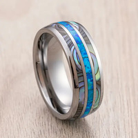 Bague en acier inoxydable en forme de U pour homme, best-seller, avec accents de coquille d'ormeau et textures de pierres colorées, style minimaliste