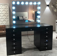 Table de toilette en verre avec miroir éclairé par LED et prise de courant, table de maquillage avec tiroirs, table de toilette d'entrée
