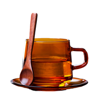 Juego de 2 Tazas de Café de Vidrio Ámbar de 10 oz, Tazas Apilables con Asa, Vasos de Vidrio de Colores para Té y Espresso