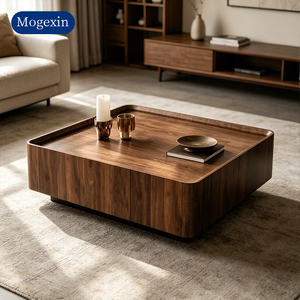 Modern Square <b>Walnut</b> Veneer Coffee <b>Table</b> with Tray Edge & Lacquer Base for Living Room Hotel Lobby - Product Image 1