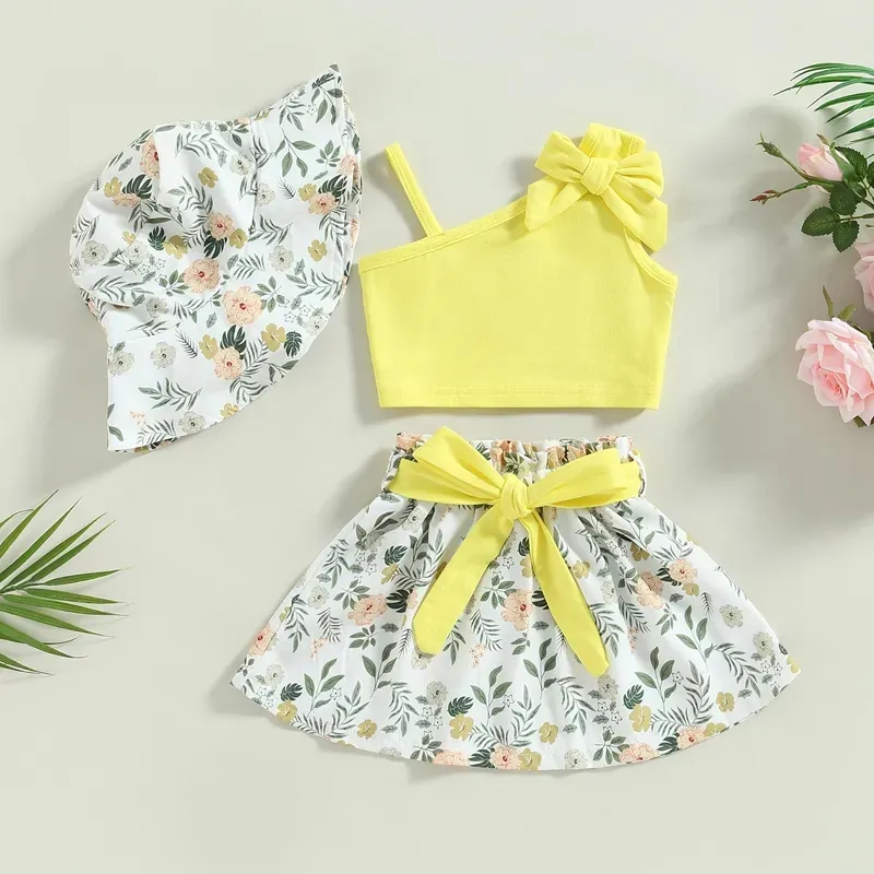 2023 Toddler Kids Girl Summer Holiday Clothes Sets Sleeveless One Shoulder Tank Elastic Floral Skirt Sun Hat Children Outfits