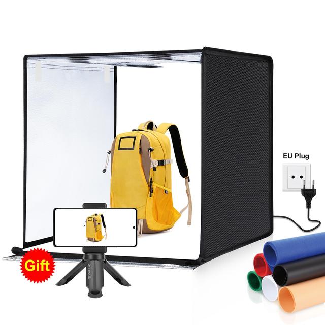 Professional PULUZ 60cm 36W Photo Studio Light Box 5500K 2 LED Strips Dimmable 6 Backdrops Multi Angle Shooting with Phone Clamp