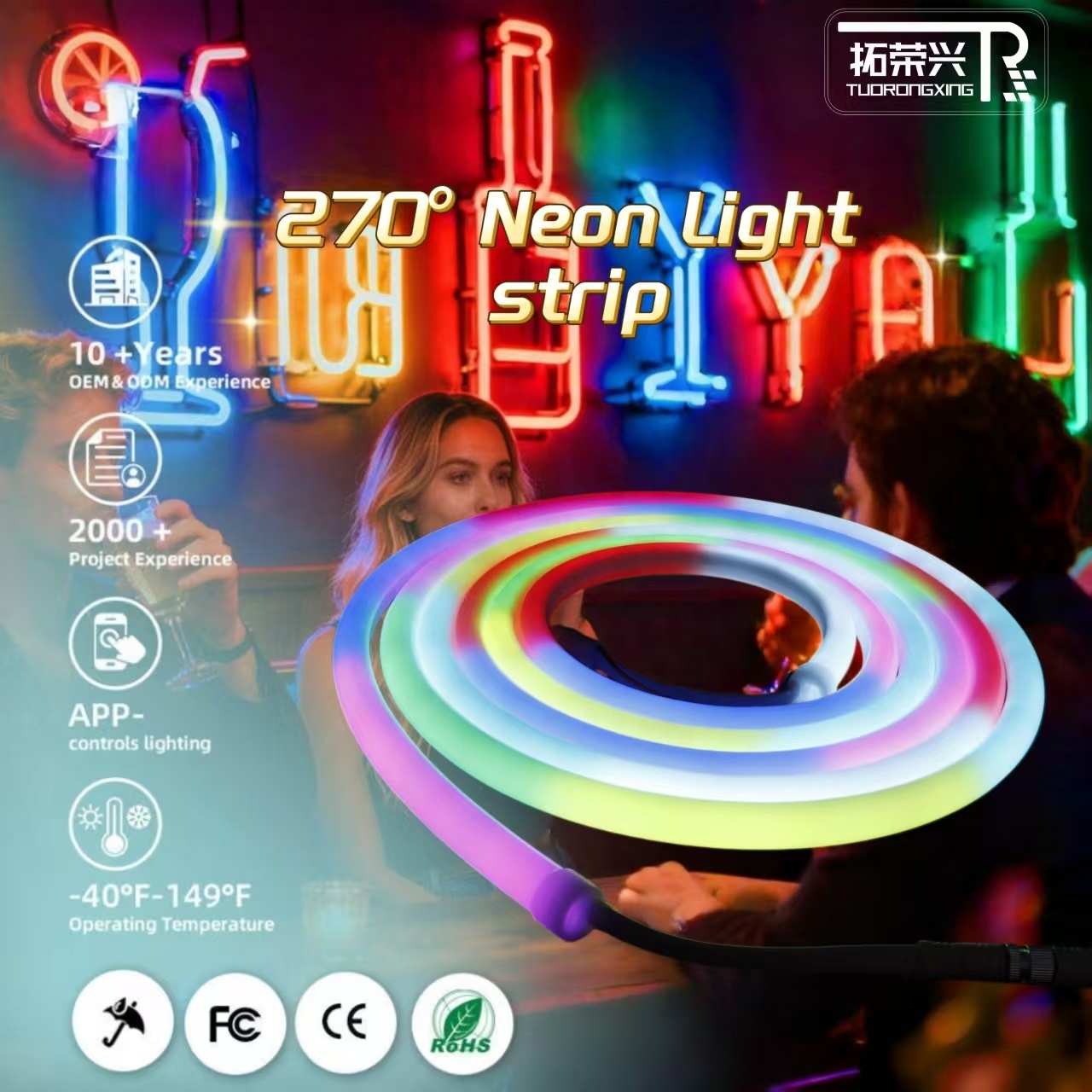 High Brightness Full Color Programmable Neon Light Tube 20mm IP67 DC24V 270°Angle Led Flex Neon Lights for Project Lighting