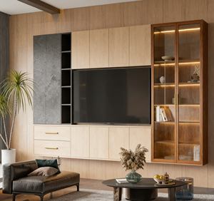 Mueble de TV Integrado de Estilo Contemporáneo en Tono Madera - Mueble de Salón Elegante con Detalles Dorados y Almacenamiento con Rejilla LED - Product Image 2