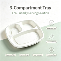 Contenant alimentaire rectangulaire jetable écologique en bagasse, à 3 compartiments, compatible micro-ondes, anti-fuite et compostable pour plats à emporter