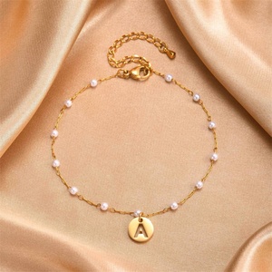 Custom Personalized Jewelry <b>Gold</b> Plated Stainless Steel Hollow Round Letter Pendant Pearl <b>Anklet</b> Bangles - Product Image 3