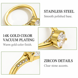 Asymmetrical Zircon Solitaire Stainless Steel <b>Ring</b> with 14K Gold Color Vacuum Plating - Product Image 4