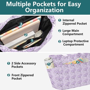 Sacs à bandoulière matelassés en polyester pour femmes, motif fleur violette, sacs fourre-tout grande capacité, sacs à main Palaka personnalisés pour femmes - Product Image 4