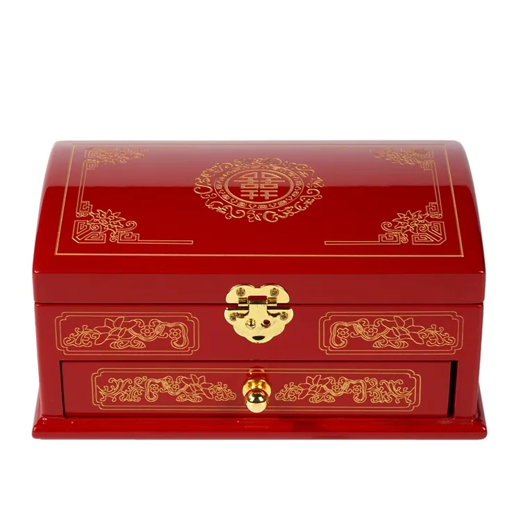 Caixas de presente de casamento vermelhas alegres de alto brilho de madeira de luxo reutilizáveis personalizadas de fábrica para joias Rresent