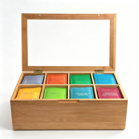 Organisateur de sachets de thé en bambou en gros, 8 compartiments, couvercle transparent, logo personnalisé OEM, boîte de rangement de thé naturelle pour hôtel, café, bureau, commerce de détail