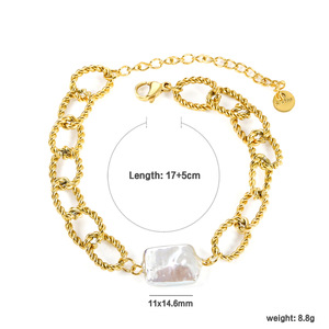 Pulsera de Cadena Trenzada Chapada en Oro Estilo Europeo Americano con Perla Cuadrada, Joyería Unisex - Product Image 4