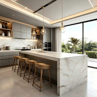 Meubles de cuisine modernes en bois grainé avec îlot, ensemble d'armoires de cuisine personnalisées en contreplaqué MDF et bois massif