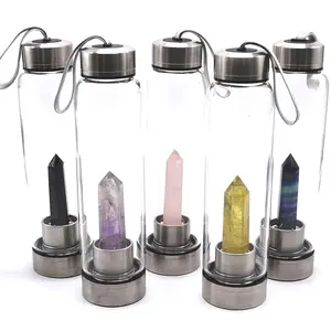 Custom high quality stainless Elixir Amethyst quartz stones drinking bottle natural crystal glass water bottle with string