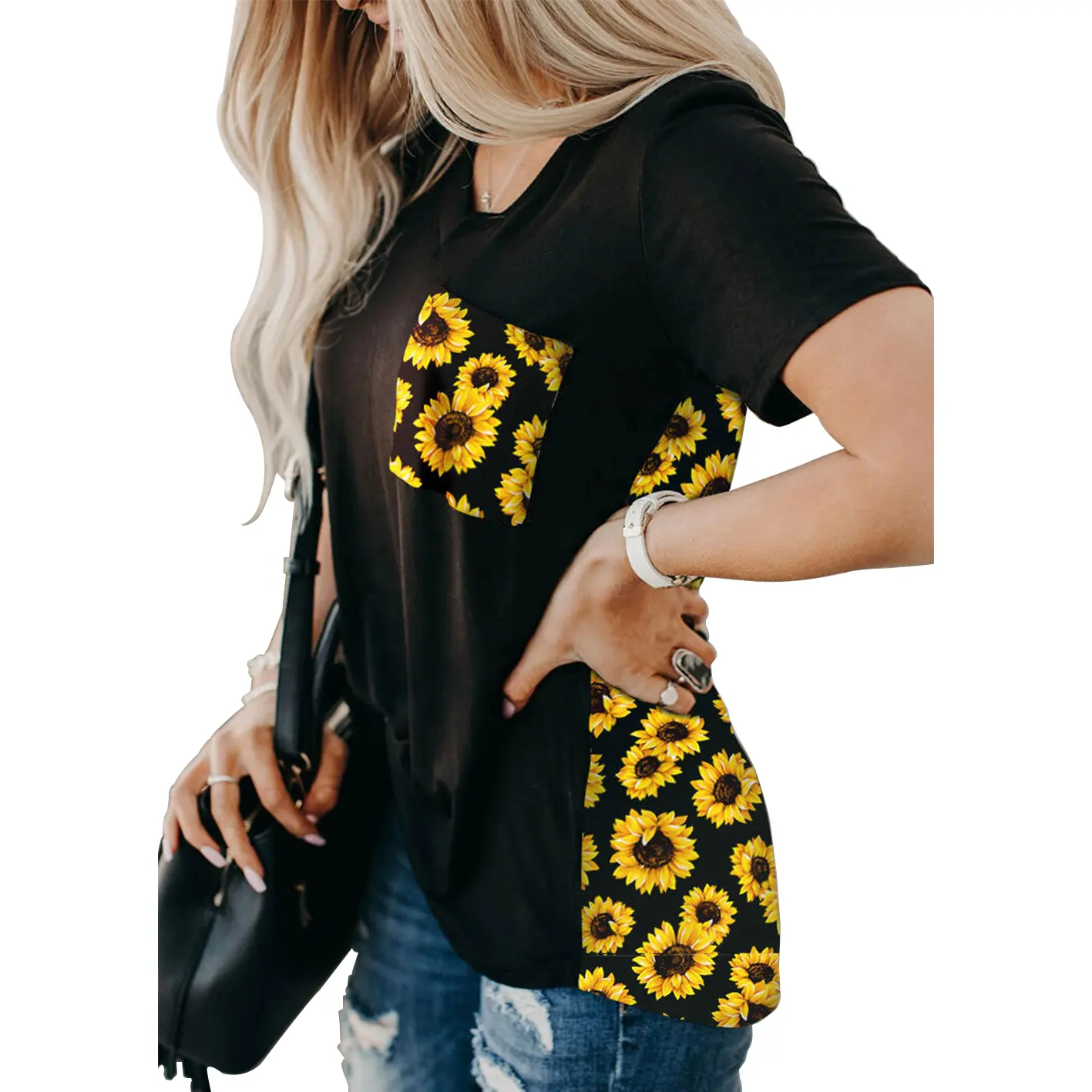 T-Shirt col en v pour femmes, épissure, léopard, tournesol, imprimé, poche, 2020