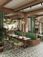Ensemble de restauration de style français : Banquette vert tuftée verticale, Fauteuil à dossier en rotin, Table de salle à manger à pieds massifs, Suite d'ameublement pour pâtisserie
