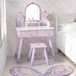 Set de tocador morado para niñas, mesa de maquillaje con espejo, silla y almacenamiento, tocador para niñas pequeñas a partir de 3 años - Product Image 1