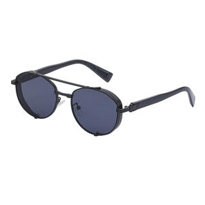 Gafas de Sol Unisex Estilo Steampunk, Montura Completa de Metal, Doble Puente, Lentes de PC con Protección UV400 Clase 2, Color Gris Azul Dorado C14 C2 1 WF 2A553 - Product Image 4