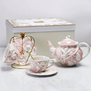 Service à thé en porcelaine royale de luxe de style européen, motif en relief rose, écologique, collection café et thé très vendue, coffret cadeau - Product Image 3