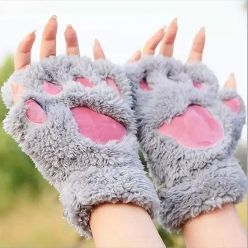Милые женские перчатки в виде кошек, модные плюшевые варежки в виде кошачьих лап с когтями, Теплые мягкие плюшевые короткие зимние перчатки без пальцев
