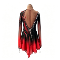 Costume de patinage artistique pour enfants et adultes, robe en maille à manches longues dégradé noir et rouge avec strass pour spectacle sur glace