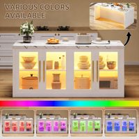 Îlot de cuisine moderne SENYU blanc avec portes en verre et éclairage interne, armoire en MDF pour rangement et présentation