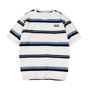 T-shirt décontracté pour homme été 2024, manches courtes, 100% coton, rayures noires et blanches, col rond japonais, coupe ample - Product Image 1