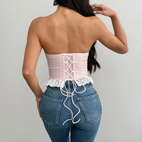 En stock – Nouveauté 2026 – Corset fin écologique bleu et blanc à carreaux avec bordure en dentelle, effet amincissant pour femme