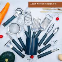 Lot de 13 ustensiles de cuisine en acier inoxydable, avec support en plastique, éplucheur de légumes, râpe à fromage, fouet, ouvre-bouteille