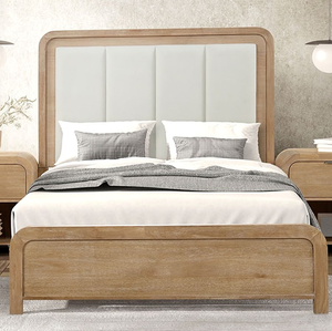Modern King Size Adjustable Soft <b>Bed</b> with Oak Wood Frame Channel Padded Headboard Plywood Panel Natural Finish - Product Image 1