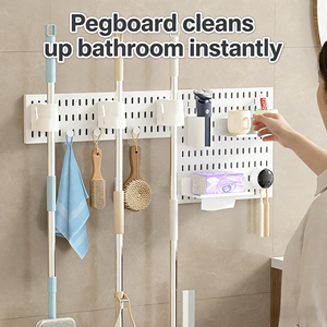 Support mural en plastique perforé, sans perçage, pour balais, brosses à dents, salle de bain, présentoir décoratif esthétique, organisateur domestique multi-usages - Product Image 1