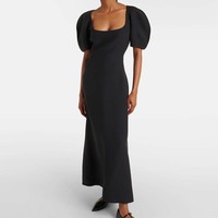 Fabricants de vêtements personnalisé printemps été automne dame col carré manches bouffantes laine et soie Maxi robe