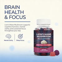 Permen Kunyah Jamur Lion's Mane OEM, Rasa Stroberi & Blueberry, Suplemen Diet untuk Kesehatan Otak & Dukungan Kognitif