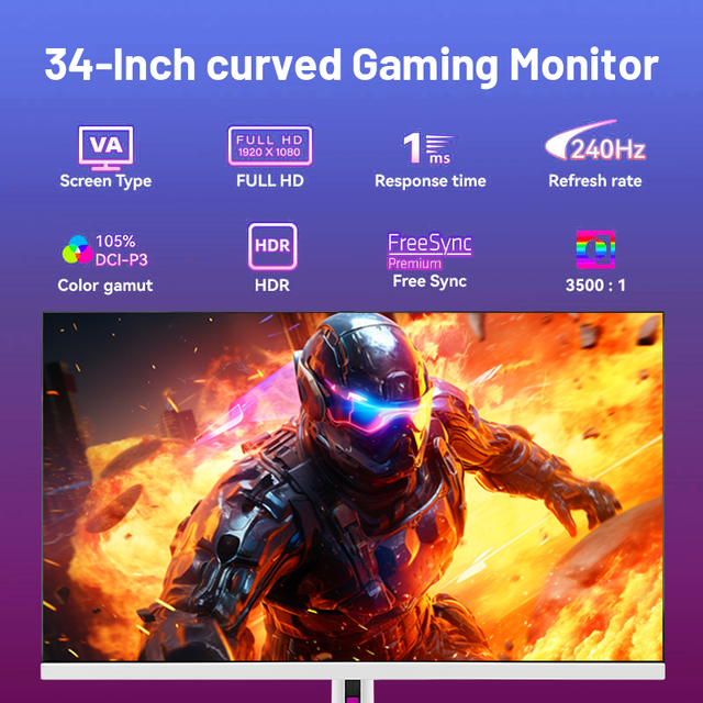 Top Rated 34 Inch Gaming Monitor 180Hz 240Hz IPS 2K 4K PC Desktop Display RGB Light Support Lift & Rotate Adjustable Stand