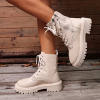 Bottes à lacets à double fermeture éclair pour femmes, plateforme épaisse, semelle à crampons, bout rond, en cuir PU, bottes de combat noires et crème