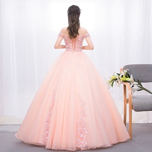 Off The Shoulder Floral Tulle Evening Dress Nude Pink Empire Waist Formal Gown For Wedding Party Coming Of Age Ceremony - Product Image 4