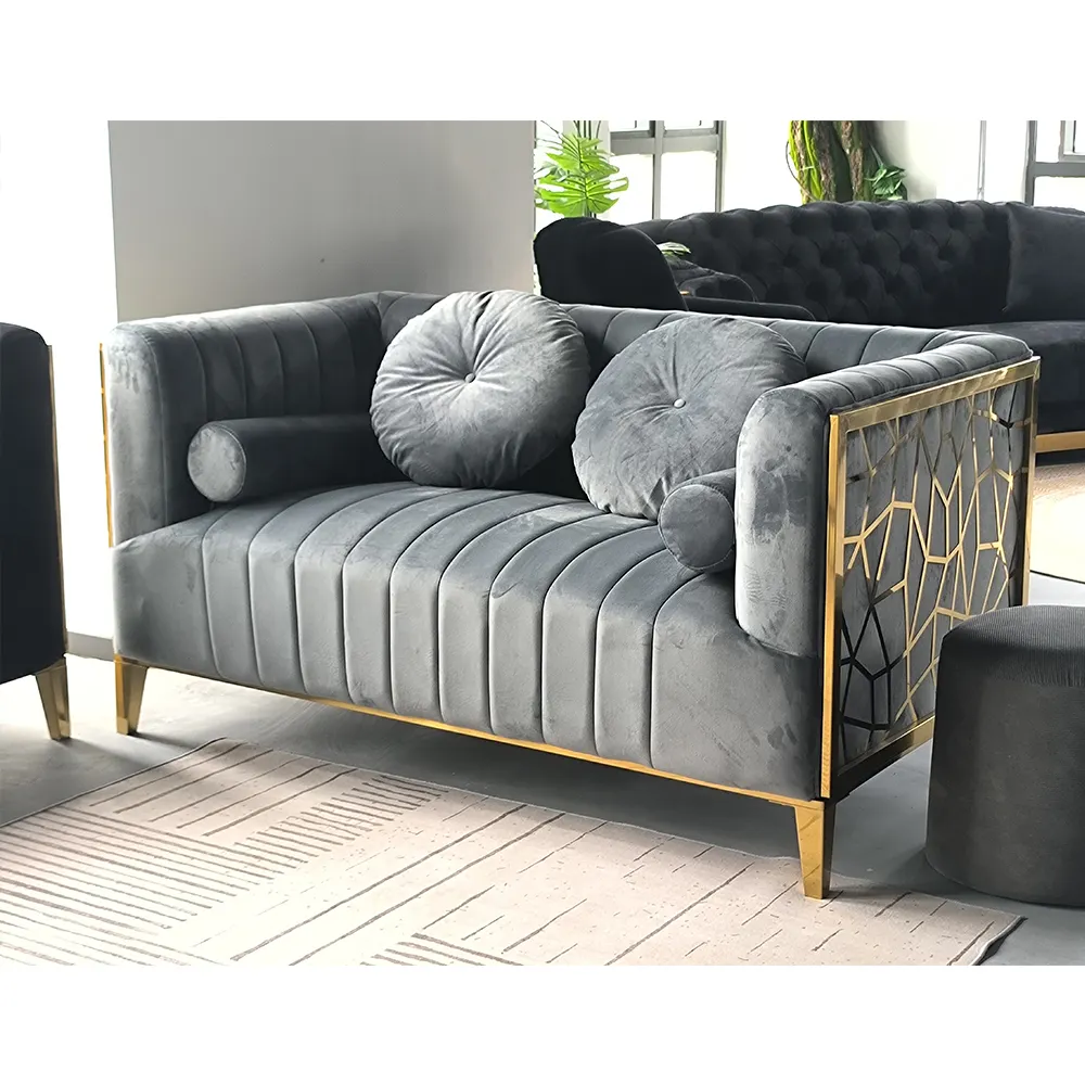 Roestvrijstalen Bank Gestoffeerde Elegante Luxe Fluwelen Sofa Set Meubels Woonkamer 3 Stuk Sofa Set Voor Thuis