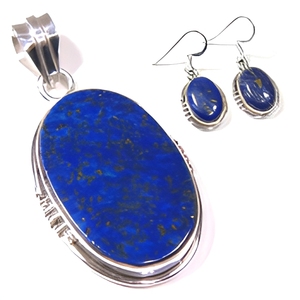 925 Sterling Silver Lapis Lazuli Jewelry Set Large Oval Pendant Earrings Blue Gemstone Bezel Setting Women's Jewelry Sets - Product Image 1