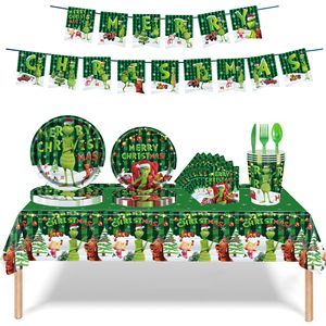 Juego de Vajilla para Fiesta de Grinch, Platos de Papel, Servilletas, Vasos, Mantel, Decoración Navideña, 60-80 Piezas, Ecológico - Product Image 1