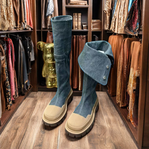 Stivali da <span class=keywords><strong>Cowboy</strong></span> con Logo Personalizzato in Dropshipping, Scarpe da <span class=keywords><strong>Donna</strong></span> con Suola Spessa, Stivali di Design alla Moda in Denim per Signore - Product Image 3
