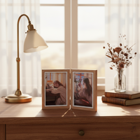 Cadre photo double articulé en bois de chêne naturel, bord intérieur blanc, pliable, pour bureau, 4x6 5x7, vente en gros pour la maison et le bureau