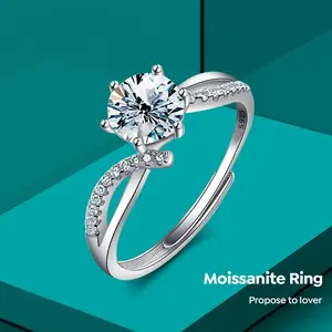 도매 럭셔리 VVS 인증서 1ctmoissanite 다이아몬드 조정 가능한 솔리테어 반지 925 스털링 실버 여성 약혼 보석