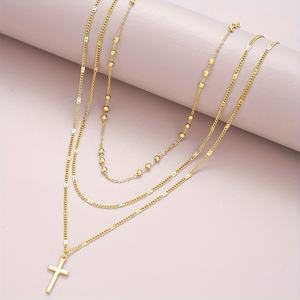Chaîne à maillons en or à trois couches Ensemble de colliers à pendentif croix métallique pour femmes Collier à chaîne de perles rondes <span class=keywords><strong>chic</strong></span> - Product Image 5