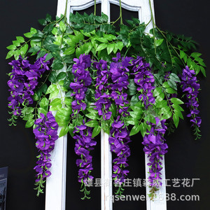 Fleurs artificielles en soie de glycine, décorations suspendues pour plafond, accessoires de photographie de mariage, feuilles vertes, fleurs violettes - Product Image 2
