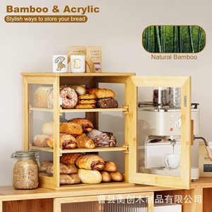 Boîte à pain en bambou 3 niveaux 13,2x12,2x16,5 pouces avec porte en verre pour rangement sur comptoir de cuisine - Product Image 3