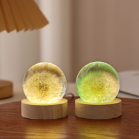 Lampe de nuit LED en boule de cristal de pissenlit véritable préservé, base en bois, globe de fleurs en résine, décoration d'intérieur, cadeau d'anniversaire