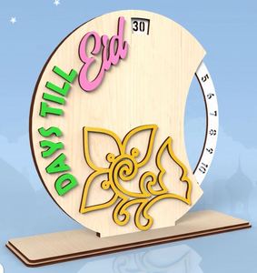 Décorations de fête du Ramadan, calendrier de compte à rebours en bois en forme de lune pour l'Aïd Moubarak, avec fonction de rotation et affichage des jours restants - Product Image 1