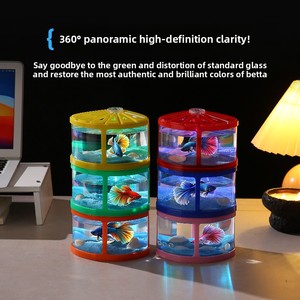 Pecera en forma <span class=keywords><strong>de</strong></span> abanico para <span class=keywords><strong>peces</strong></span> Betta y medusas, <span class=keywords><strong>de</strong></span> plástico altamente transparente, con tapa iluminada, sin filtro. - Product Image 2