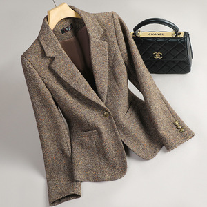 Wool Blazer For Women Coffee Color Herringbone Pattern Single Button Autumn Winter Casual Elegant Fit - Product Image 1
