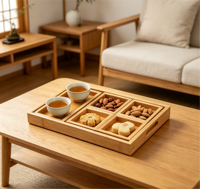 Ensemble de 6 plateaux compartimentés en bambou naturel, boîte de rangement pour thé japonais, en-cas, fruits secs